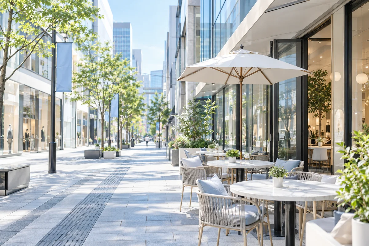 明るい都市の街並みとカフェ